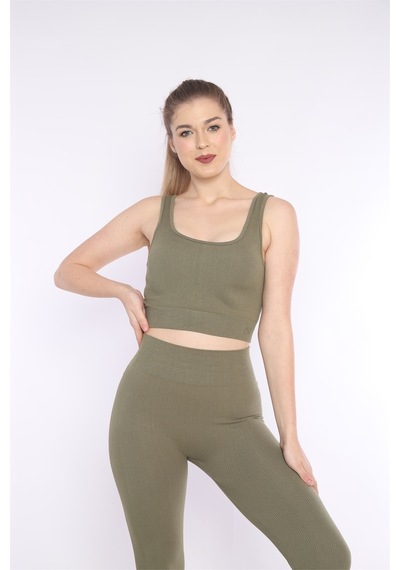 Escetic Kadın Spor, Haki Toparlayıcı, Yüksek Bel Fitnes Bra Tayt Takım-4326 - Xs Haki