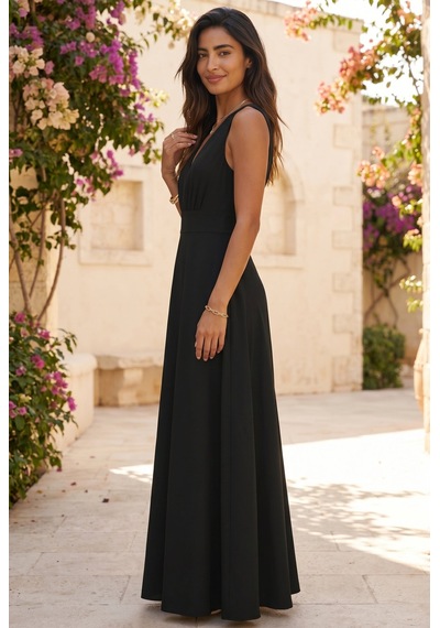 Soulshae Siyah V Yaka Büzgülü Kolsuz Uzun Elbise