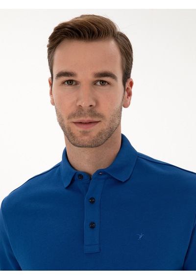 İndigo Regular Fit %100 Pamuk 3 İplik Polo Yaka Sweatshirt Mavi
