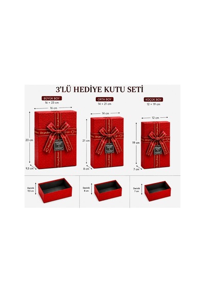 3 Lü Dikdörtgen Hediye Kutusu Seti Kırmızı Desenli Büyük Boy 16x23 Cm Orta Boy 14x21 Cm Küçük Boy 12x19 Cm Kapaklı Lüks Hediye Kutusu