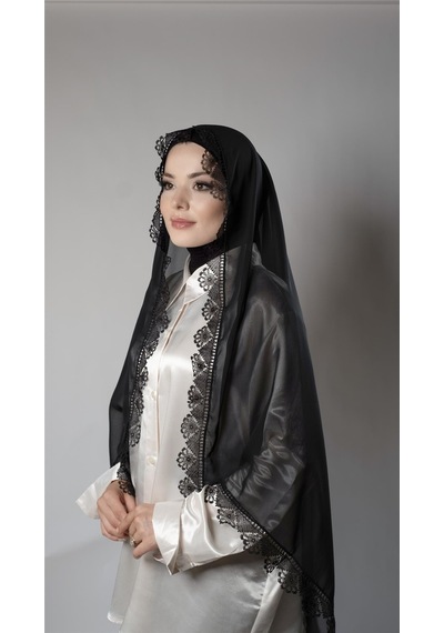 Hürrem Bone Siyah Namaz Başörtüsü Şal Şifon Kumaş Güpürlü 202106 01