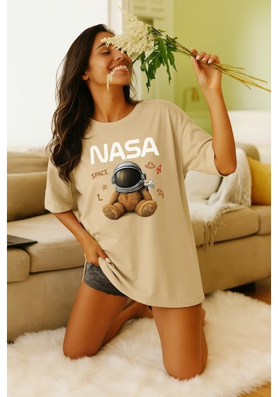Ayıcık Baskılı Oversize T-shirt Taş