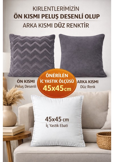 Peluş Dekoratif Kırlent Kılıfı İskandinav Zigzag-balıksırtı 4 Lü Set 42x42 Cm Antrasit Füme