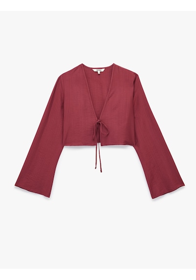 Koton Geniş Uzun Kollu Önden Bağlama Detaylı Crop Bluz Bordo 6sak60540uw