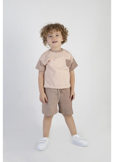 Harika Kids Erkek Çocuk Kahve Desen Kısa Kollu Şortlu Basic Alt Üst Takım 001