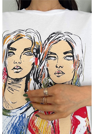 Femelle Kadın Yeni Sezon Bisiklet Yaka Baskılı Pamuk Tişört - A098 Beyaz