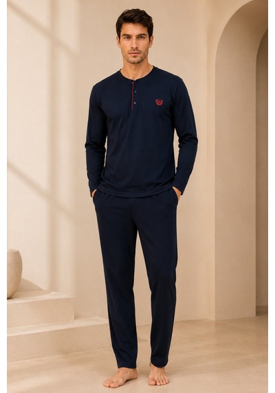 Loule Erkek Lacivert Penye Yazlık Kışlık Pijama Takımı 4 Parça