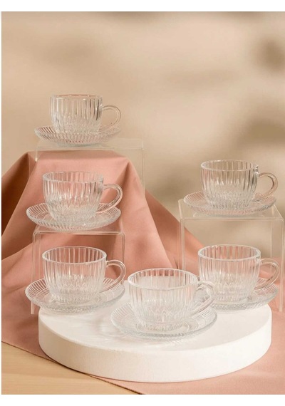 Çnr Home Collection 6 ' Lı Cam Kahve Fincan Seti Zarif Desenli Cam Bardak & Tabak Takimi Beyaz