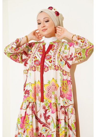 Bigdart 2423 Otantik Desenli Elbise - Y.bordo 001