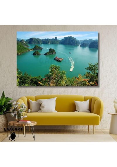 Tekli Yatay Kanvas Duvar Tablosu Yeşil Deniz Ve Adalar Manzara, 40 X 30 -