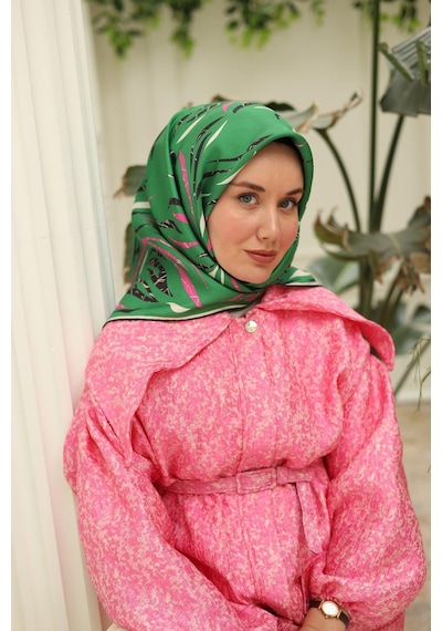 Silk Home Yeşil Pembe Desenli Tivil İpek Eşarp 11432-58 Çok Renkli