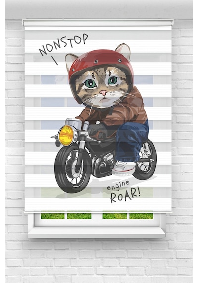 Perdecizade Enxboy Motorcu Kedi Dijital Baskılı Zebra Perde-cocuk Odası-stor Perde Renkli