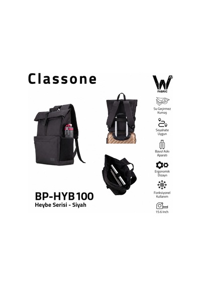 Classone BP-HYB100 Heybe Serisi Wtxpro Su Geçirmez Kumaş 15.6 " Uyumlu Notebook Laptop Macbook Sırt Çantası Siyah