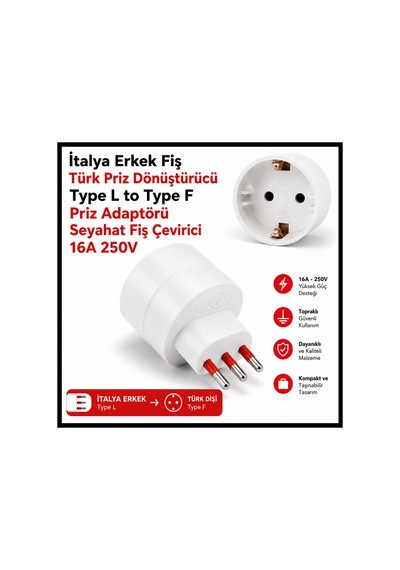 İtalyan Erkek Fiş Türk Priz Dönüştürücü Type L To Type F Priz Adaptörü 16a 250v