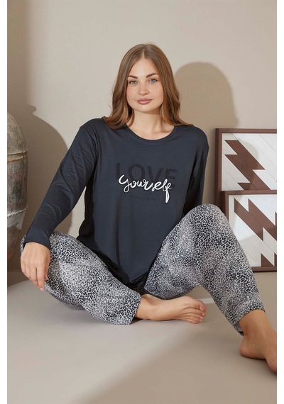 Aydoğan Kadın Büyük Beden Love Yourself Antrasit İnci Pijama Takımı 9170