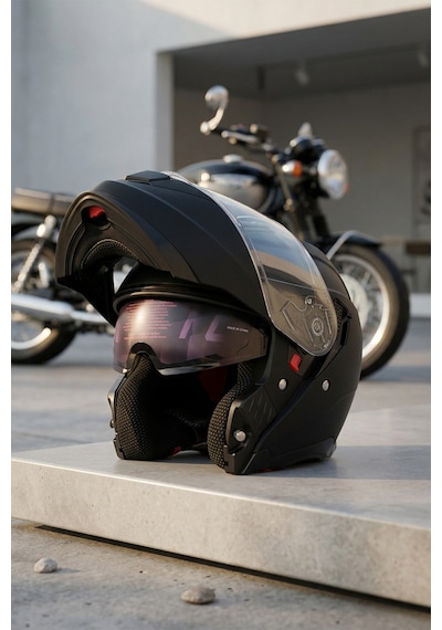Vento Premium Çene Açılır Kask Güneş Vizörlü Mat Siyah Ece 22.06 Sertifikalı Siyah Siyah