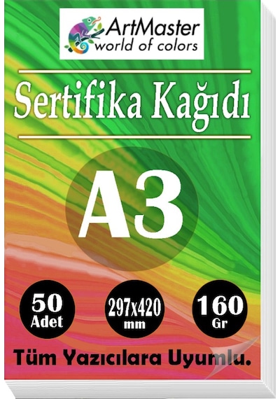 A3 Sertifika Kağıdı 50 Adet 160 Gram Kalın Fotokopi Kağıdı Tüm Yazıcılara Uyumlu 29.7x42 Cm Kalın Baskı Kağıdı