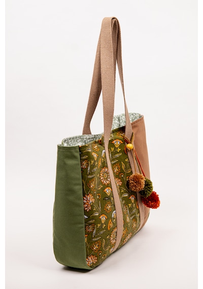 Fabric Craft Bag Omuz Çantası Kadın Duck Kumaş Desenli Büyük Boy Günlük Çanta Kahverengi - Yeşil