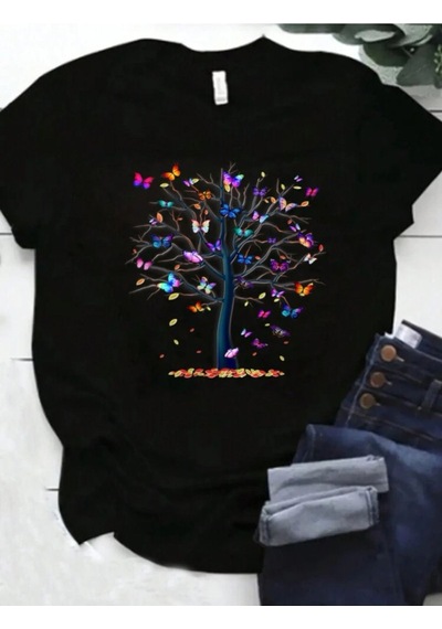 Rahat Kalıp Tree & Butterfly Baskılı Tshirt Siyah