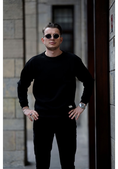Mavona Oversize Bisiklet Yaka Siyah Erkek Sweatshirt Premium 3 İplik Şardonlu - %85 Pamuk %15 Likra