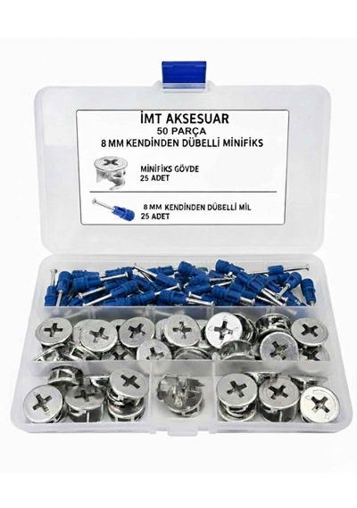 8 Mm Kendinden Dübelli Minifix Gövde Ve Mil Seti - Mobilya Bağlantı Elemanı 50 Parça Metalik