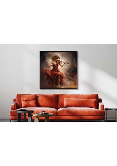 Yağlı Boya Dokulu Tablo Kırmızı Elbiseli Keman Çalan Kadın Siyah Çerçeveli U05001-178953