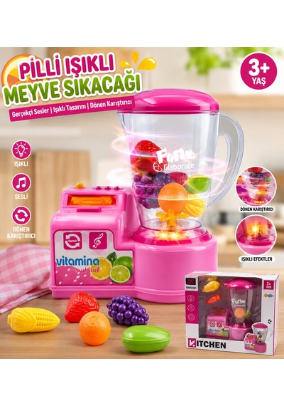 Pilli Işıklı Oyuncak Meyve Sıkacağı Blender Seti Sesli Ve Dönen Karıştırıcılı Mutfak Oyuncağı