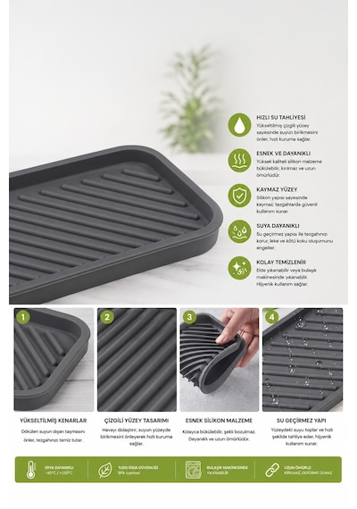 Gri Renk Silikon Yağdanlık Yağlık Sirkelik Altlığı Organizer Sunumluk Sabunluk Altlığı 23x10 Cm Diğer