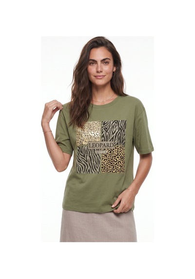 Onloox Kadın Yeşil Fıstık Yeşili Pamuklu Bisiklet Yaka Rahat Kalıp Taş İşlemeli Leopar Baskılı T-shirt