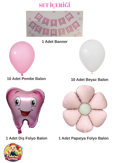 Diş Buğdayı Parti Süsleme Seti Dişim Çıktı Banner Balon Süsleri Kız Erkek Bebek Doğum Günü Konsepti 23 Parça Pembe