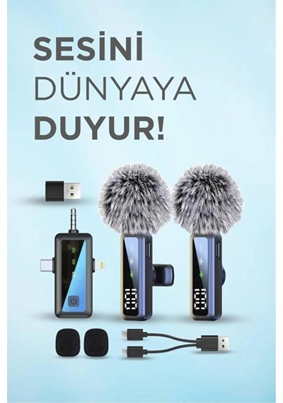 Genel Markalar Yaka Mikrofonu Type-c Lightning Aux 2 Adet 3ın1 Kablosuz Mikrofon H68 Siyah