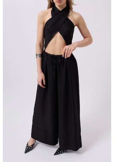 Defymoda Düşük Bel Oversize Keten Pantolon Siyah
