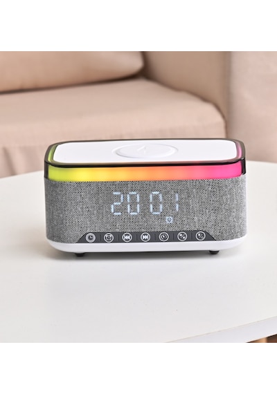Rgb Işıklı Bluetooth Hoparlör - Dijital Saat, Kablosuz Şarj Ve Çok Renkli Led Aydınlatma