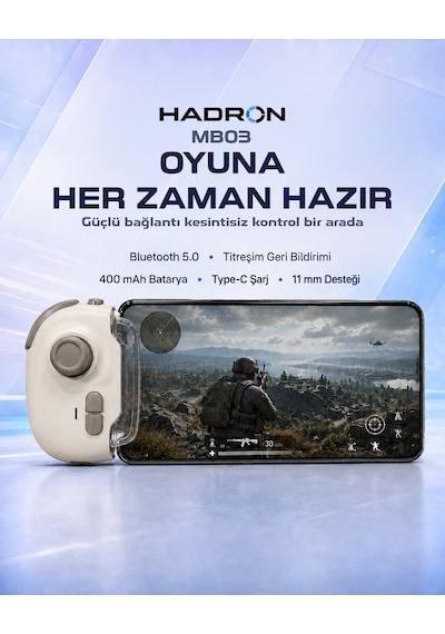 Hadron Mb03 Mobil Oyun Joysticki Hall Analog Makro Titreşimli Bluetooth 5.0 400 Mah Beyaz