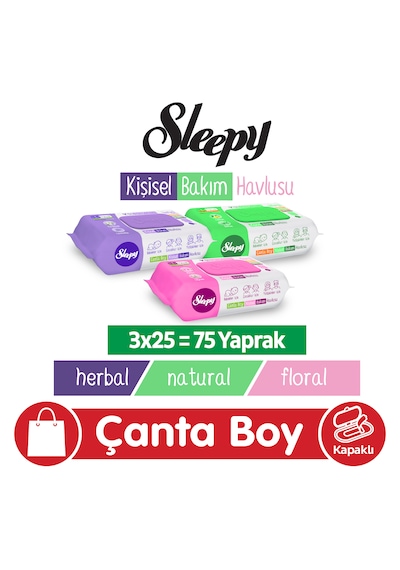 Sleepy Natural + Floral + Herbal Kişisel Bakım Havlusu Çanta Boy 3x25 75 Yaprak