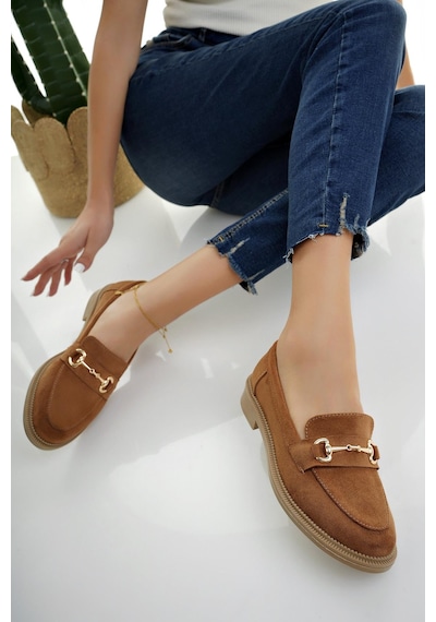 Muggo Sussie Garantili Metal Tokalı Kadın Loafer Günlük Ayakkabı - Süet Taba