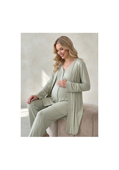 Hafsara Viscoz Yumuşak Dokulu Önden Düğmeli Sabahlıklı Lohusa Pijama Takımı Yeşil