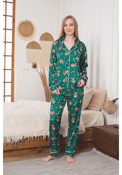 Lüks Saten Pijama Takımı Düğmeli, Cepli Ve Arabiyeli Yeşil
