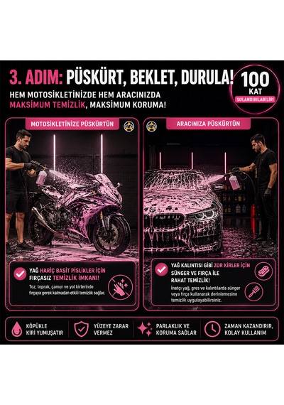 Akgüneş Motogaraj 1 Lt Pembe Köpük Oto Şampuanı Konsantre 100 Kat Seyreltilebilir Makine Uyumlu Araç Ve Motosiklet Şampuanı Yerli Üretim