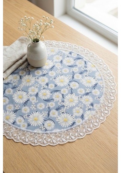Dekoratif Yuvarlak Runner Papatya Desenli Fransız Güpürlü Masa Ve Konsol Örtüsü 60 Cm Çap Mavi
