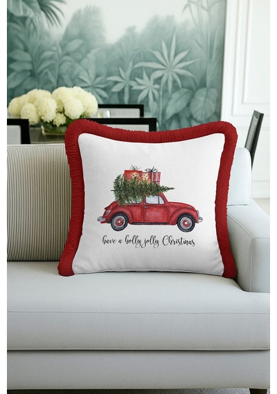 Klasik Noel Araba Saçaklı Yastık Kılıfı - Vintage Kış Temalı Kırmızı Püsküllü Kırlent Kılıfı Çok Renkli