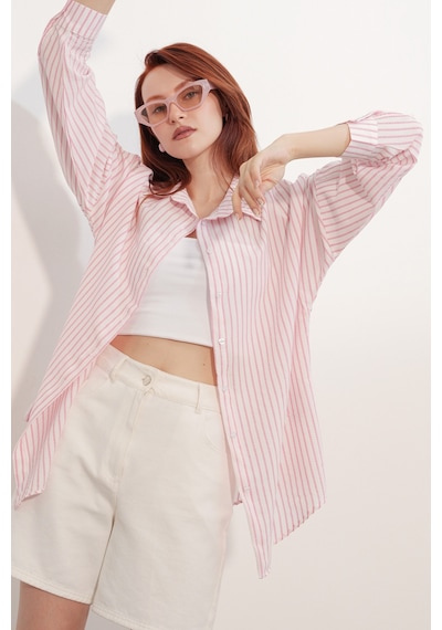 Bigdart Kadın Oversize Çizgili Gömlek 20412 - Pembe