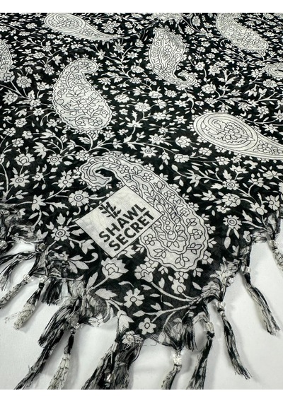 Shawl Secret Sökme Boncuklu Pamuk Yazma - 05868 Siyah-beyaz