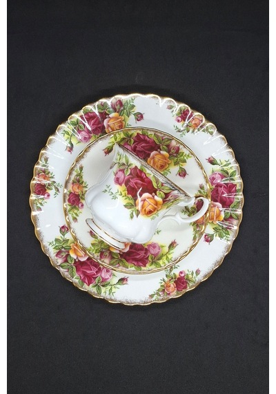 Old Country Roses England Antıque Bone China Double Size Trıo Coffee Cup & Saucer Kırmızı
