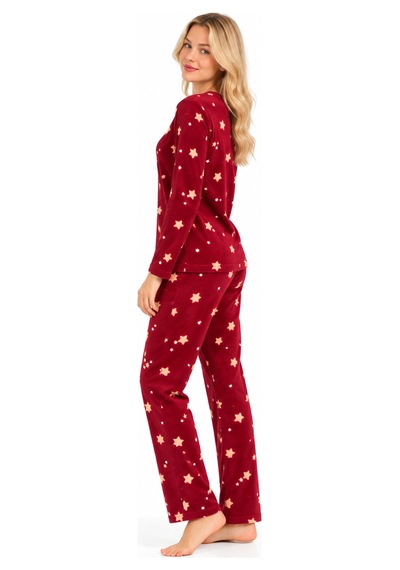 Sleeeproom Kadın Süet Mevsimlik Yıldız Desen Bordo Pijama Takımı