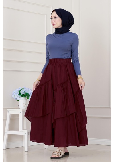 Sevitli Katlı Botto Vual Etek-bordo-5306 Bordo