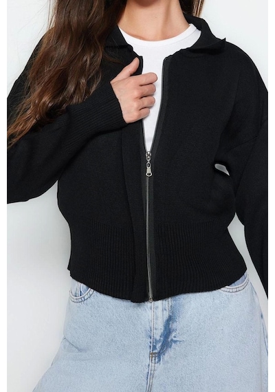 Ersefa Kadın Modern Tarz Regular Polo Yaka Regular Triko Hırka Siyah