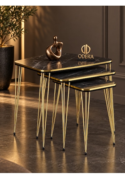 Odera Siyah Mermer Desenli Zigon Sehpa 3'lü Set Siyah- Detaylı Metal Ayaklı Modern Retro Salon Sehpası Diğer