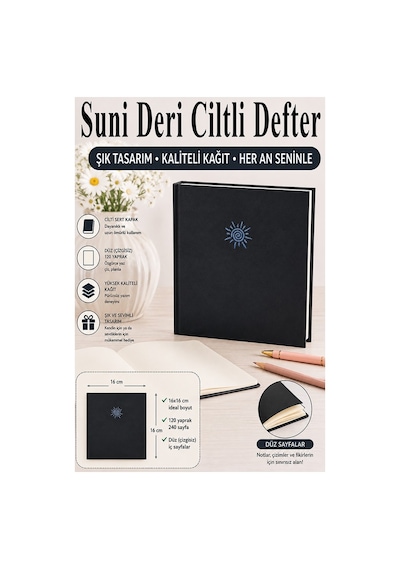 Kare Not Defteri 16x16cm 1 Adet Lizz Sert Kapak 120 Yaprak Ciltli Çizgisiz Özel Anı Günlük Defteri Suni Deri Açık Pembe