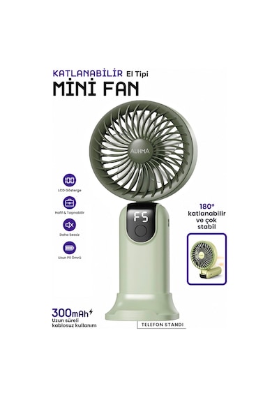 Exenar - Yeşil - Şarjlı El Fanı 5 Kademeli Telefon Standlı Mini Vantilatör 300mah 180 Katlanabilir El Tipi Fan